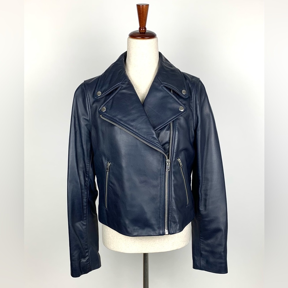J Crew Collection Navy Leather Motorcycle Jacket, NWT